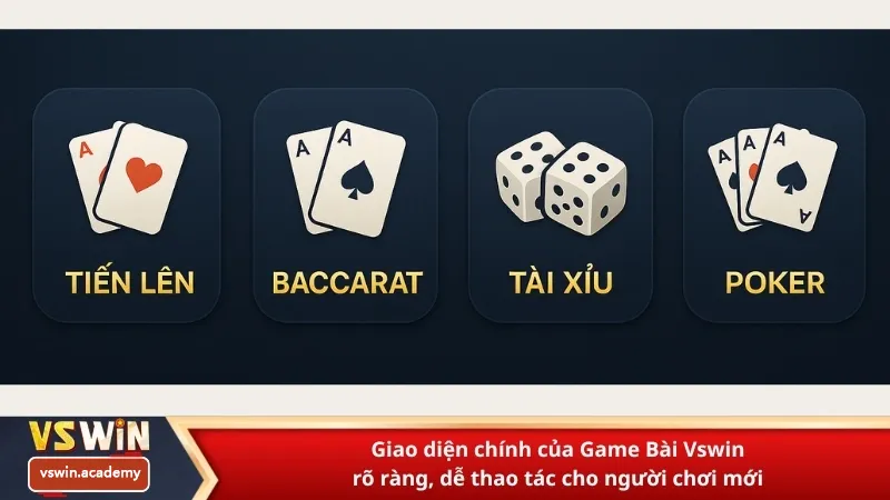 Giao diện chính của Game Bài Vswin rõ ràng, dễ thao tác cho người chơi mới